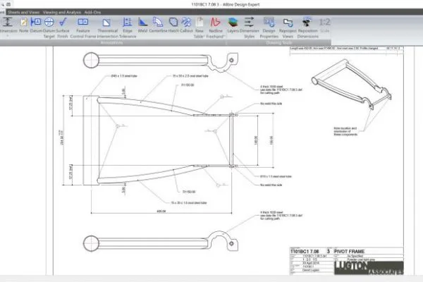 Möbelbauteil mit 2D-Werkstattzeichnung