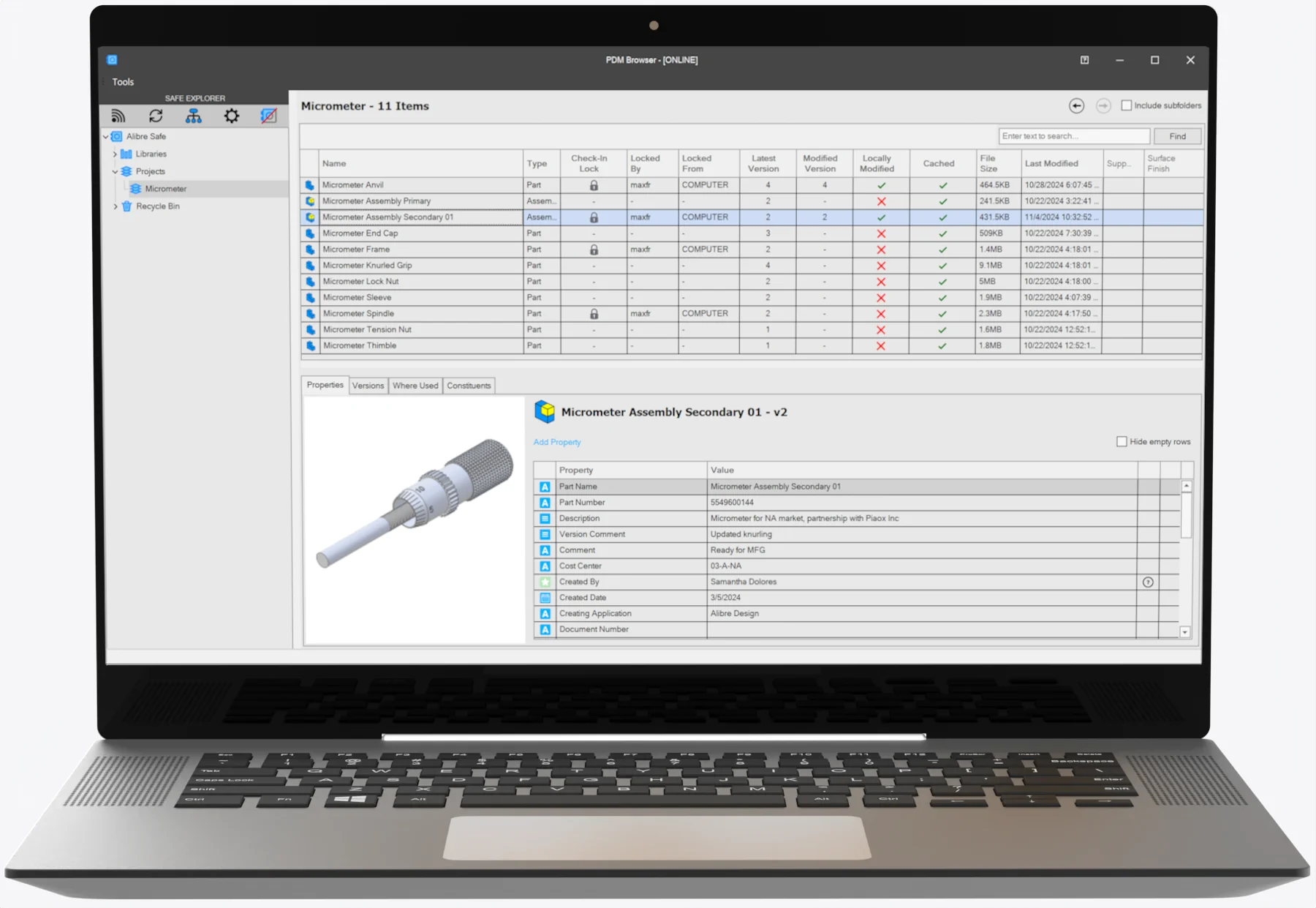 Alibre Design PDM am Laptop